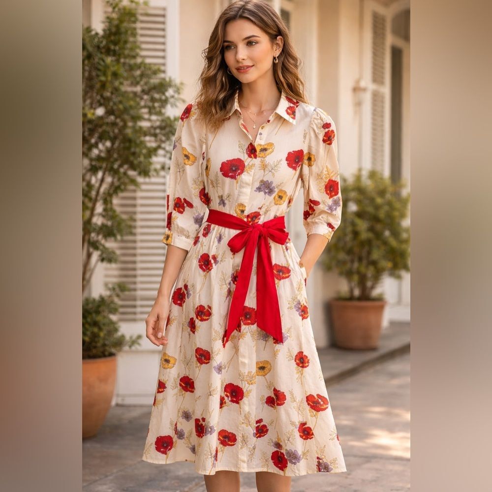 New Laroque Cream Floral Midi Shirt Dress Small with Red Waist Tie Poppy Floral